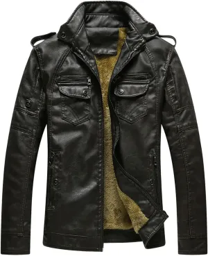 CHARTOU Men Retro PU Faux Leather Bomber Jacket Stand Collar Fleece Lined Motorcycle Jacket Zip Up