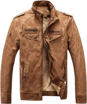 CHARTOU Men Retro PU Faux Leather Bomber Jacket Stand Collar Fleece Lined Motorcycle Jacket Zip Up