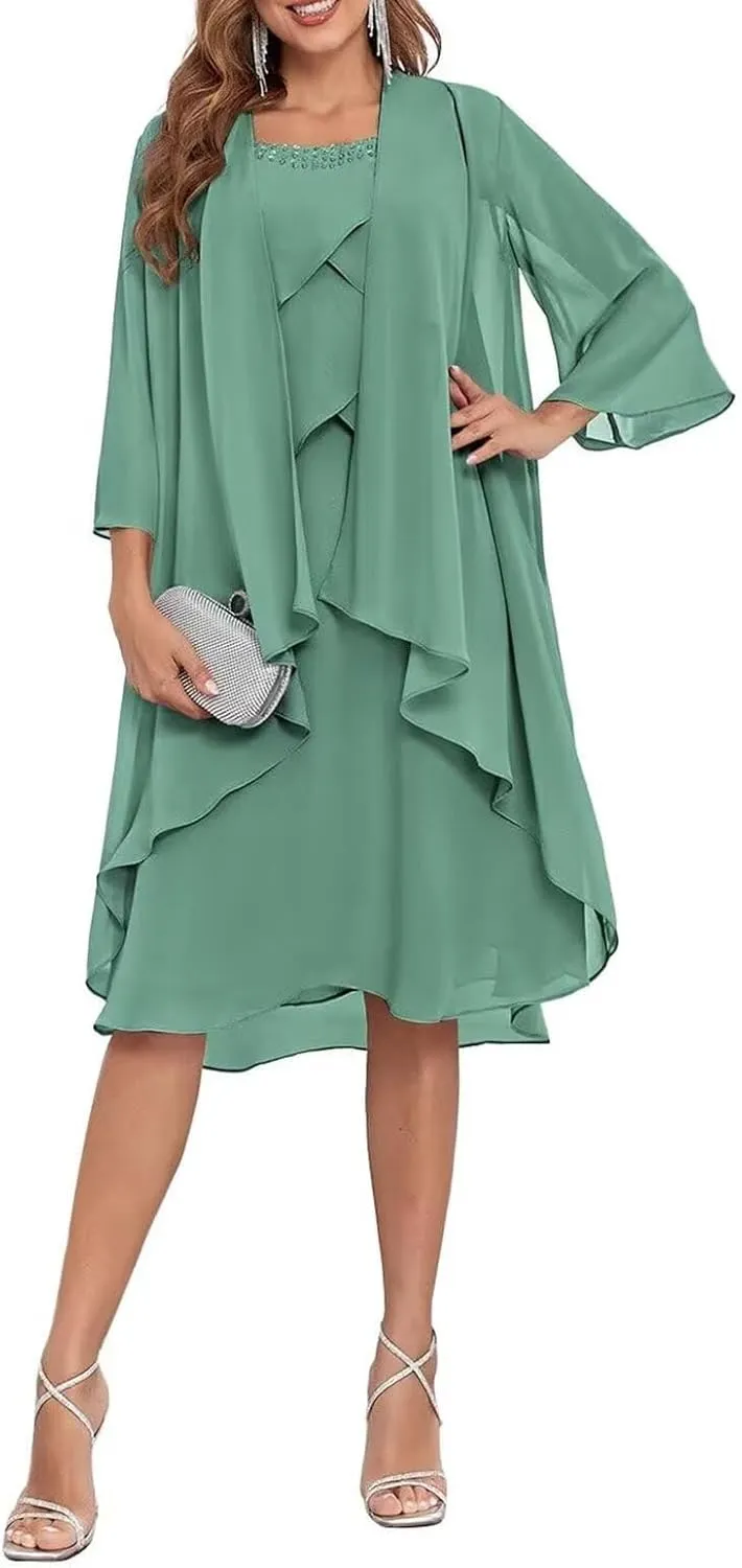 Chiffon 2 Piece Mother of The Bride Dresses for Wedding with Jacket Scoop Neck Formal Evening Gown for Women