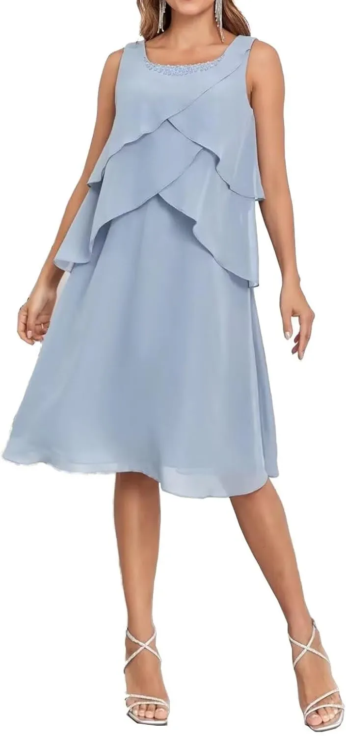Chiffon 2 Piece Mother of The Bride Dresses for Wedding with Jacket Scoop Neck Formal Evening Gown for Women