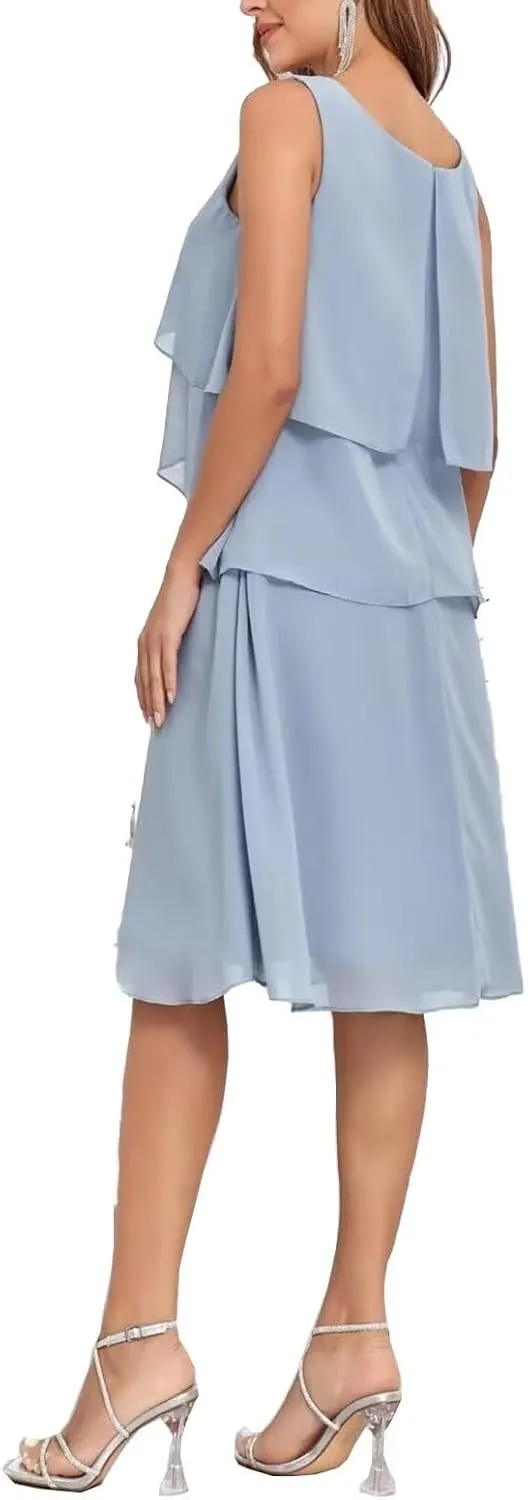 Chiffon 2 Piece Mother of The Bride Dresses for Wedding with Jacket Scoop Neck Formal Evening Gown for Women
