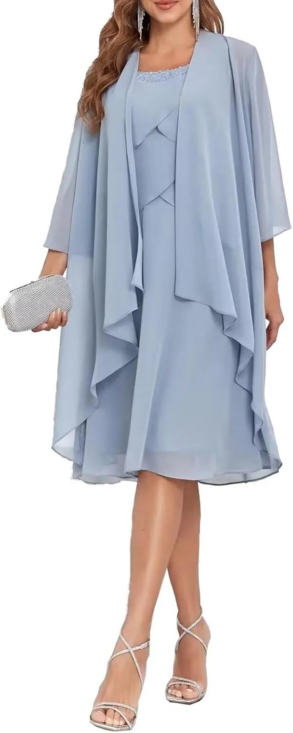 Chiffon 2 Piece Mother of The Bride Dresses for Wedding with Jacket Scoop Neck Formal Evening Gown for Women