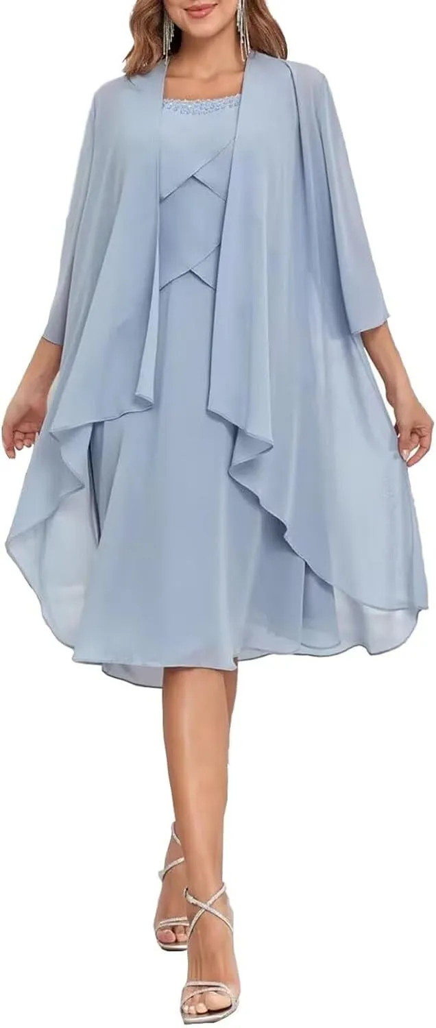 Chiffon 2 Piece Mother of The Bride Dresses for Wedding with Jacket Scoop Neck Formal Evening Gown for Women