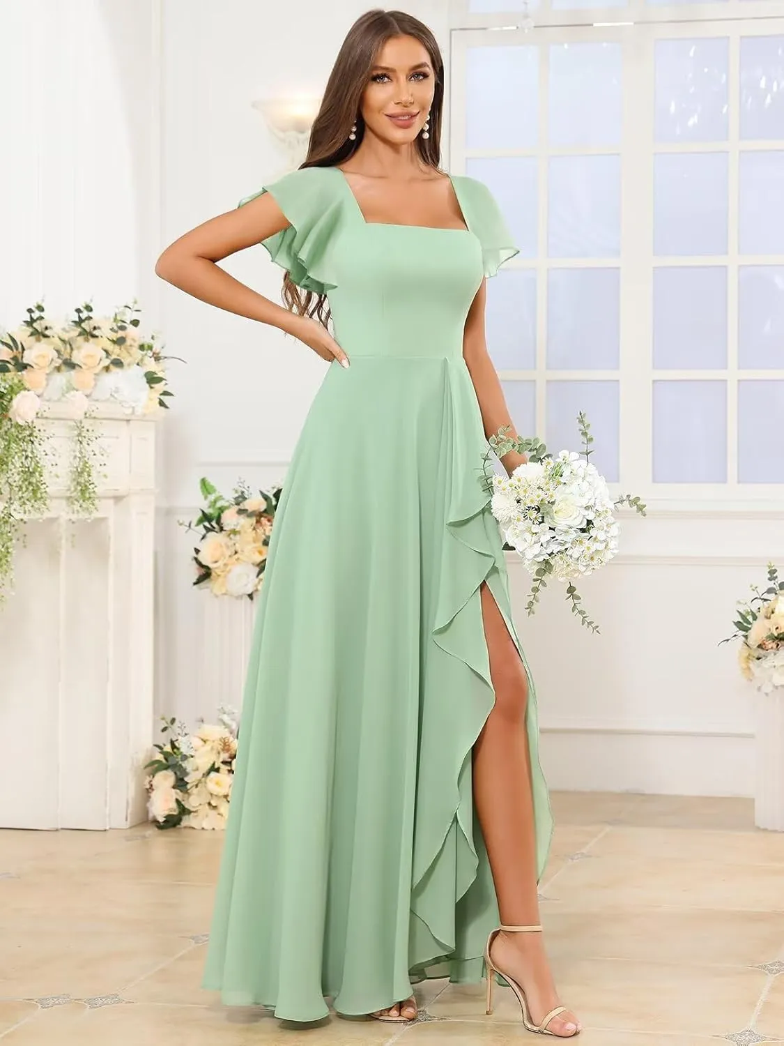 Chiffon Bridesmaid Dresses for Women Ruffle Corset Long Square Neck Formal Evening Dress with Sleeves Slit