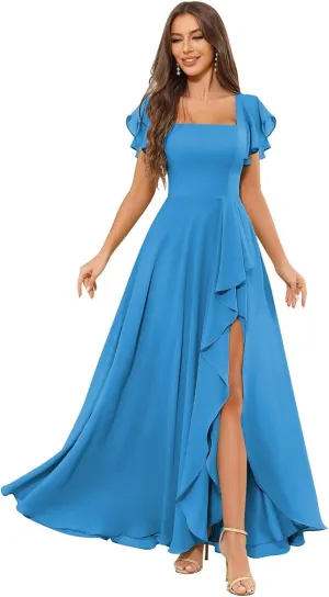 Chiffon Bridesmaid Dresses for Women Ruffle Corset Long Square Neck Formal Evening Dress with Sleeves Slit