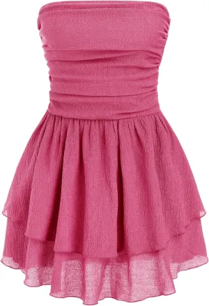 CIDER Women's Summer Cocktail Dress - Tube Ruched Ruffle Mini Dress