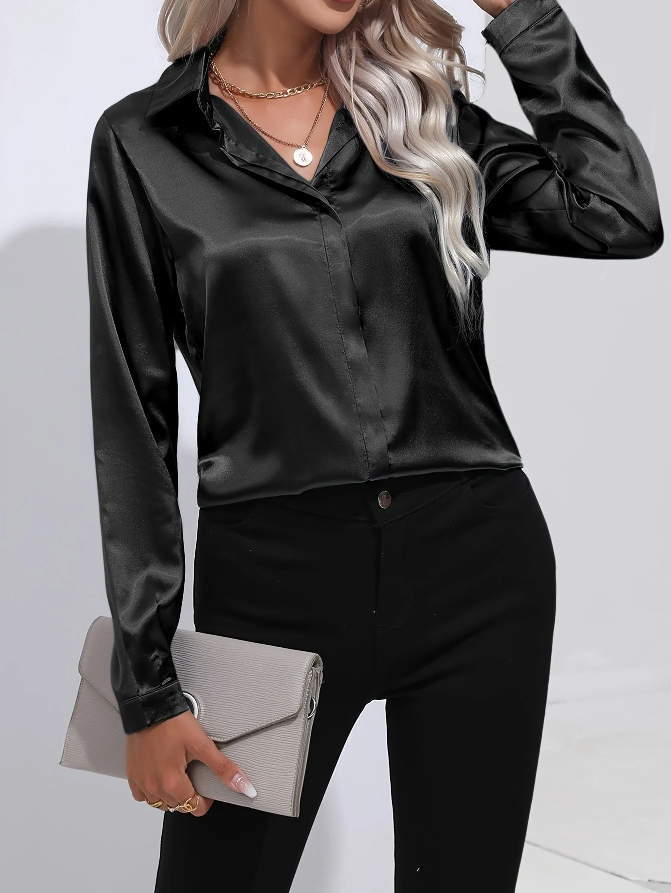 Claire  Satin Button-Up Blouse