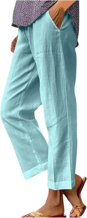 Comfy Womans Dress Pants Summer Loose Cotton Linen Pants Vacation Casual Beach Trousers Flowy Slacks with Pockets