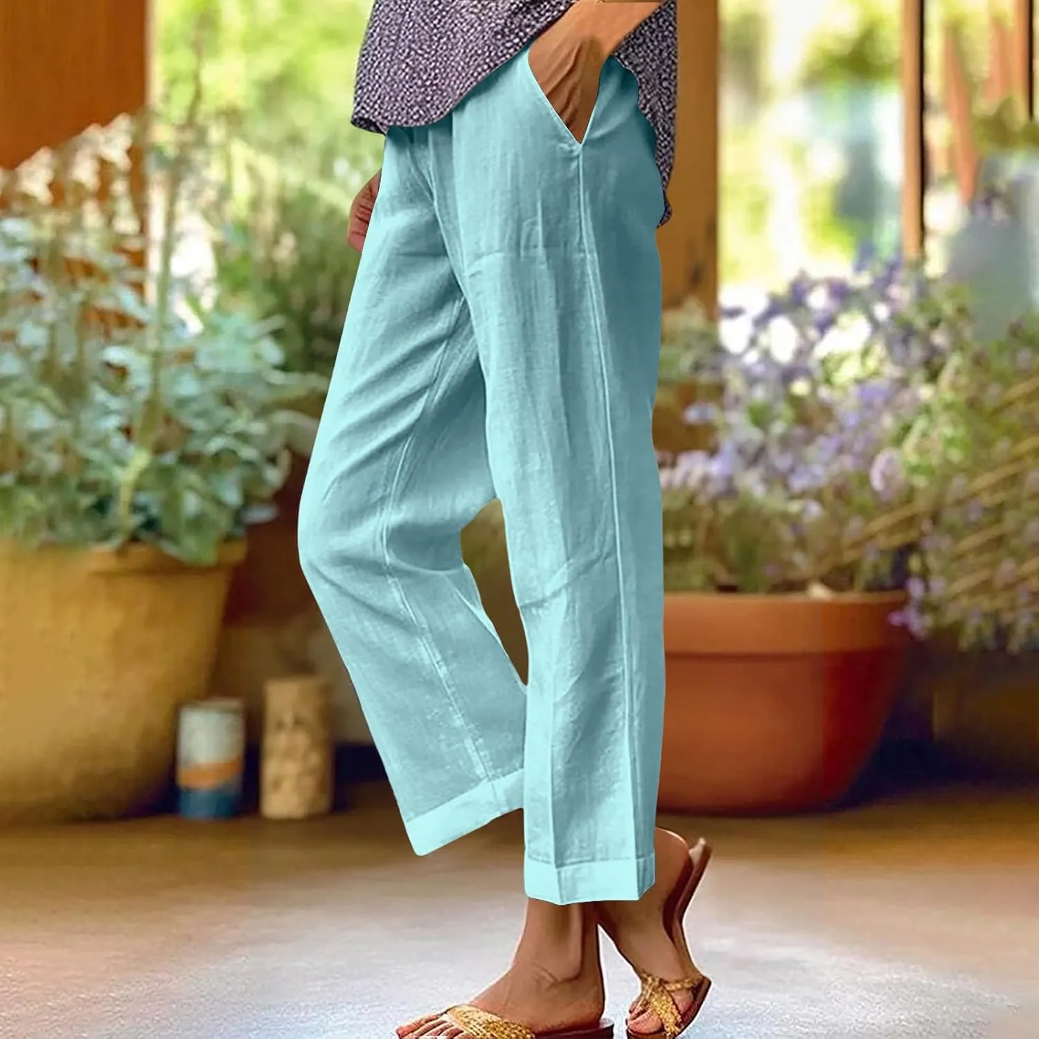 Comfy Womans Dress Pants Summer Loose Cotton Linen Pants Vacation Casual Beach Trousers Flowy Slacks with Pockets