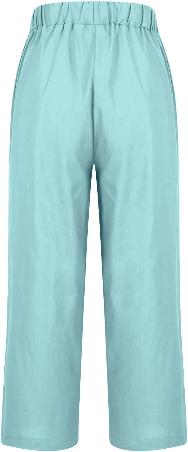 Comfy Womans Dress Pants Summer Loose Cotton Linen Pants Vacation Casual Beach Trousers Flowy Slacks with Pockets