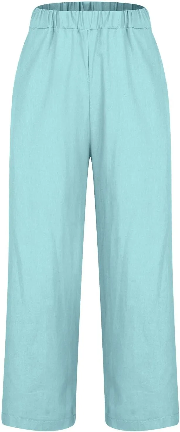Comfy Womans Dress Pants Summer Loose Cotton Linen Pants Vacation Casual Beach Trousers Flowy Slacks with Pockets