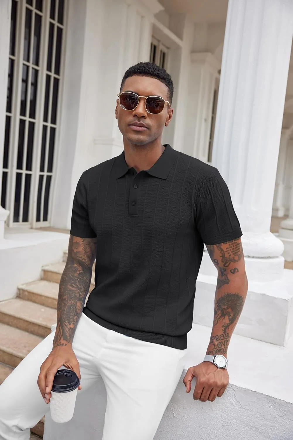 COOFANDY Mens Knit Polo Shirts Short Sleeve Ribbed Textured Polo Shirt Lightweight Casual Golf Shirts Collared T Shirt