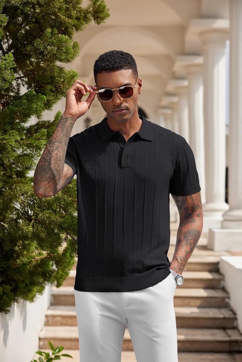 COOFANDY Mens Knit Polo Shirts Short Sleeve Ribbed Textured Polo Shirt Lightweight Casual Golf Shirts Collared T Shirt