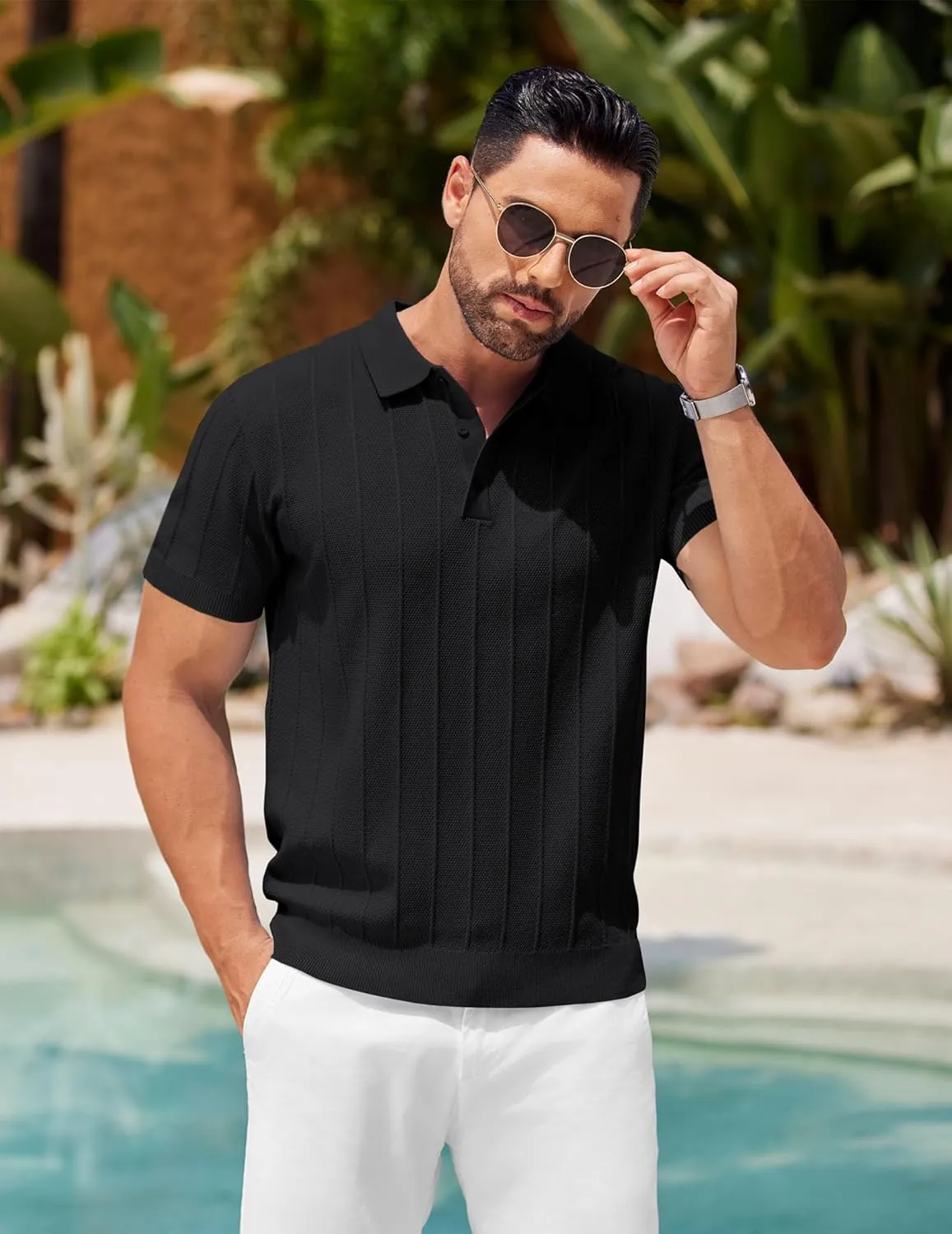 COOFANDY Mens Knit Polo Shirts Short Sleeve Ribbed Textured Polo Shirt Lightweight Casual Golf Shirts Collared T Shirt