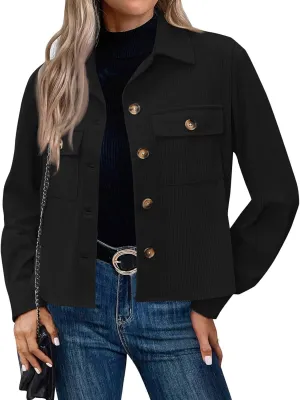 Corduroy Shacket Women Cropped Button Down Shirts Jacket Casual Fall Long Sleeve Crop Tops Bomber Jacket with Pockets