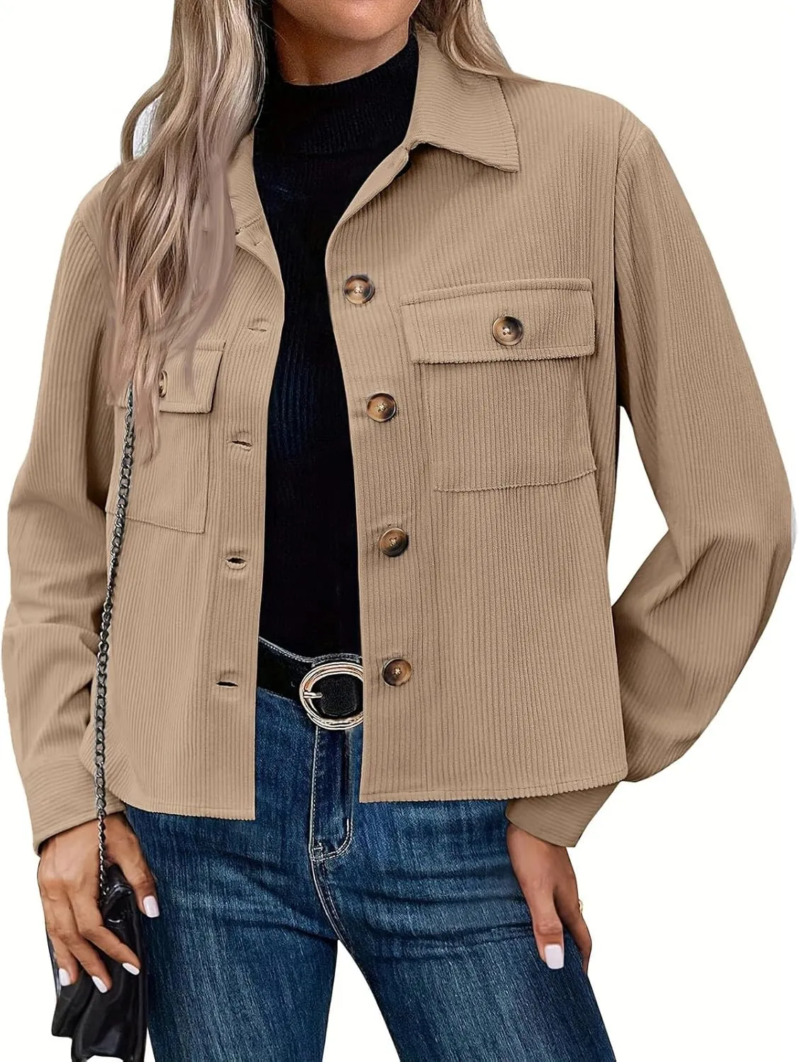 Corduroy Shacket Women Cropped Button Down Shirts Jacket Casual Fall Long Sleeve Crop Tops Bomber Jacket with Pockets