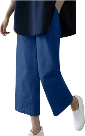 Cotton Linen Capris Pants for Women Casual Summer 2025 Straight Wide Leg Loose Elastic Waist Cropped Trouser