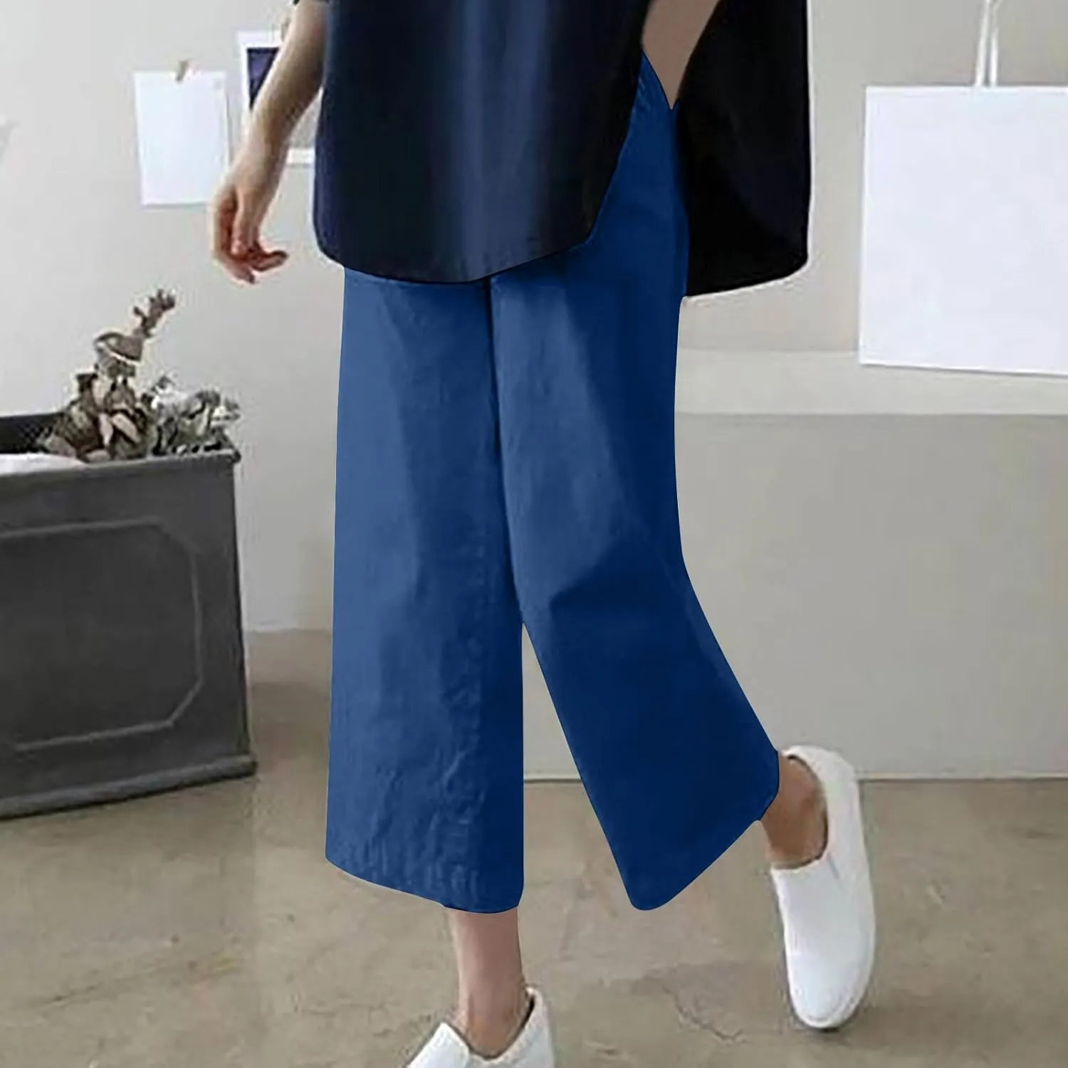 Cotton Linen Capris Pants for Women Casual Summer 2025 Straight Wide Leg Loose Elastic Waist Cropped Trouser