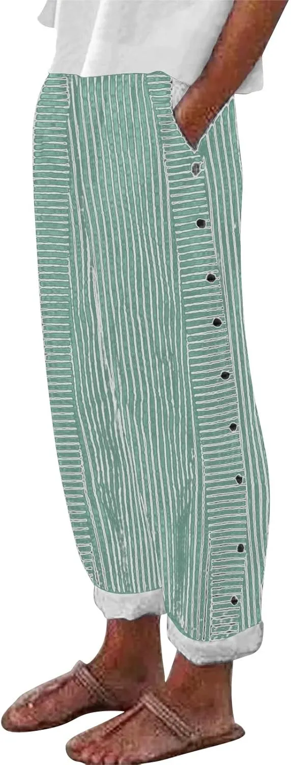 Cotton Linen Joggers for Women Striped Elastic Waisted Wide Leg Plus Size Active Lounge Comfy Trousers with Pockets