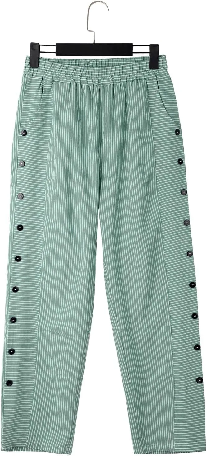Cotton Linen Joggers for Women Striped Elastic Waisted Wide Leg Plus Size Active Lounge Comfy Trousers with Pockets