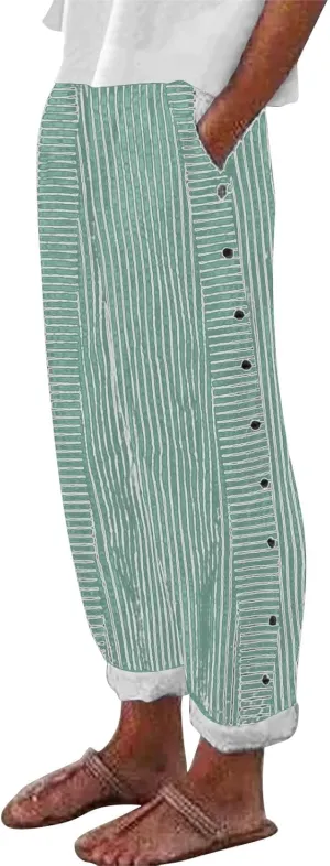 Cotton Linen Joggers for Women Striped Elastic Waisted Wide Leg Plus Size Active Lounge Comfy Trousers with Pockets