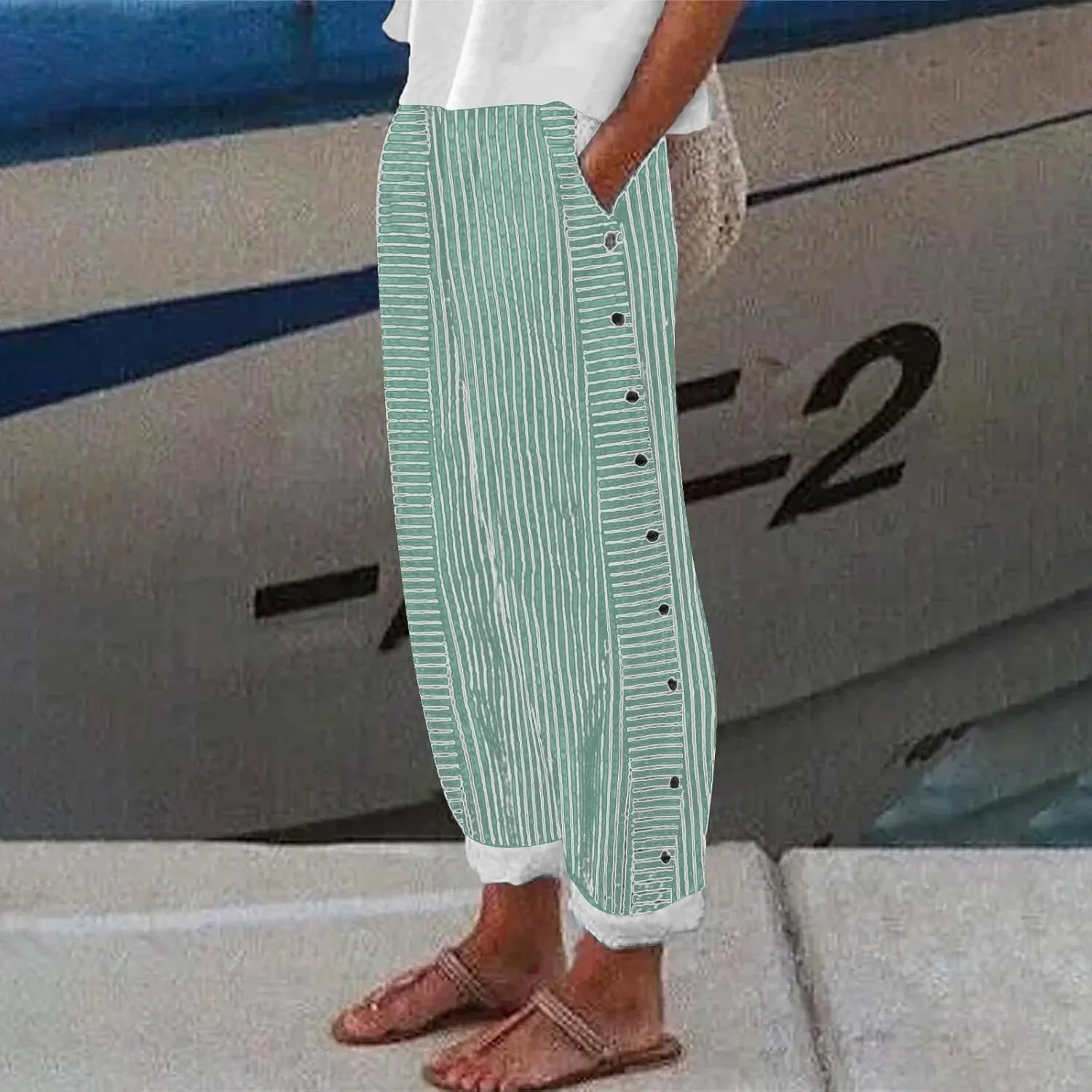 Cotton Linen Joggers for Women Striped Elastic Waisted Wide Leg Plus Size Active Lounge Comfy Trousers with Pockets