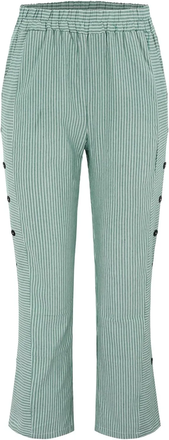 Cotton Linen Joggers for Women Striped Elastic Waisted Wide Leg Plus Size Active Lounge Comfy Trousers with Pockets