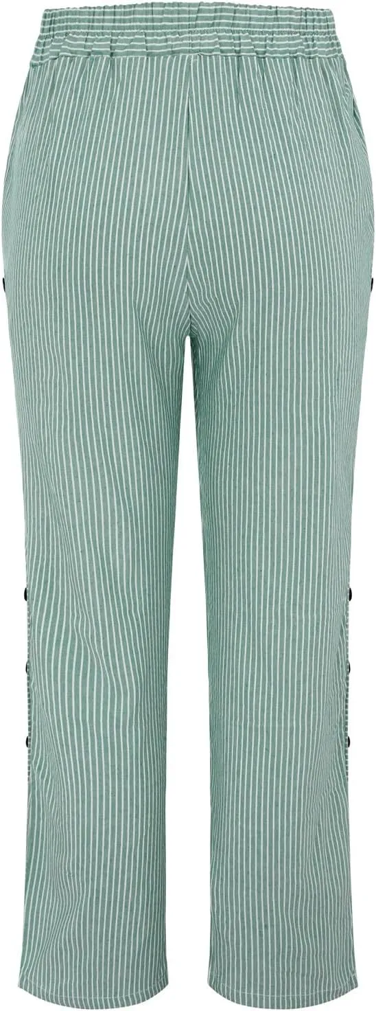 Cotton Linen Joggers for Women Striped Elastic Waisted Wide Leg Plus Size Active Lounge Comfy Trousers with Pockets