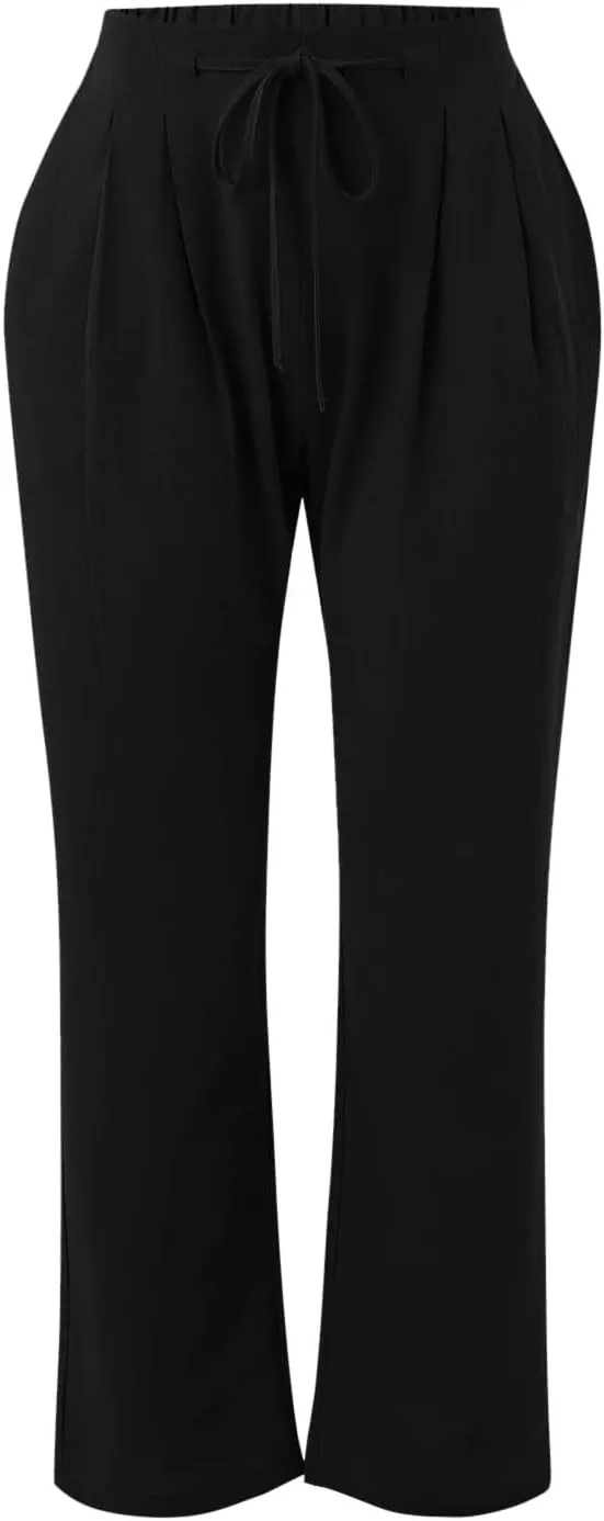 Cotton Linen Pants for Women Capri Plus Size Wide Leg Loose Fit Sweatpants Summer Cropped Elastic Waist Trousers