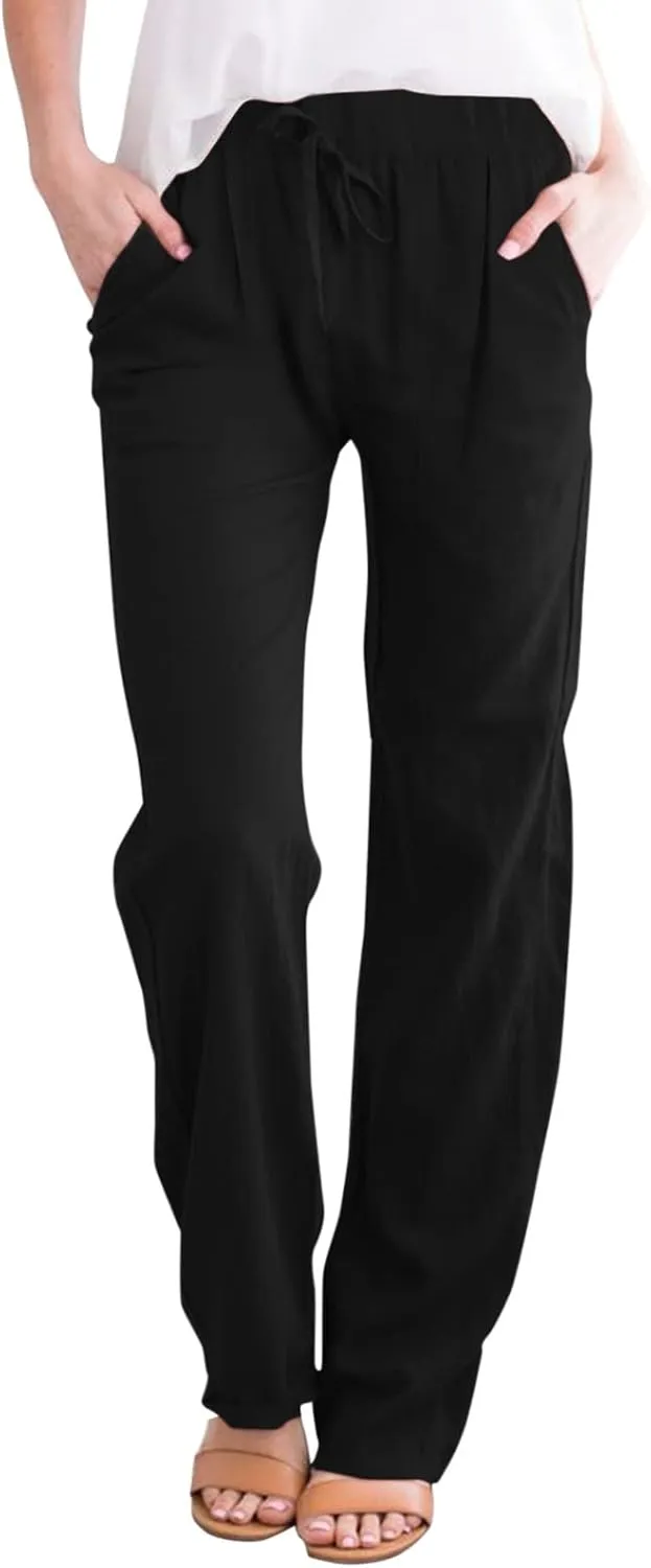 Cotton Linen Pants for Women Capri Plus Size Wide Leg Loose Fit Sweatpants Summer Cropped Elastic Waist Trousers