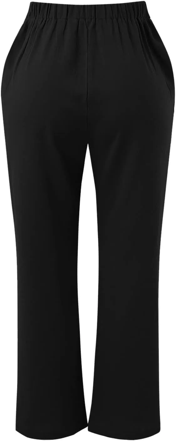 Cotton Linen Pants for Women Capri Plus Size Wide Leg Loose Fit Sweatpants Summer Cropped Elastic Waist Trousers