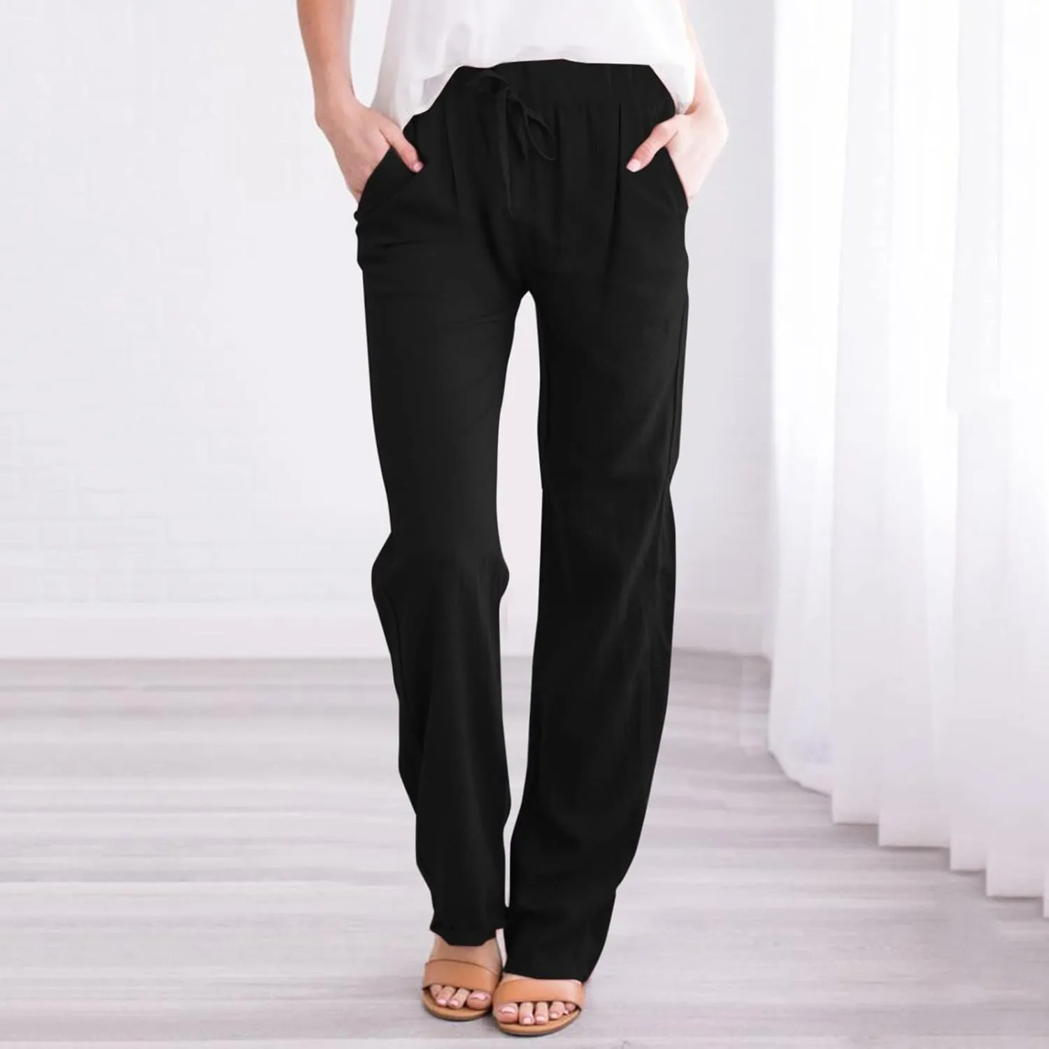 Cotton Linen Pants for Women Capri Plus Size Wide Leg Loose Fit Sweatpants Summer Cropped Elastic Waist Trousers