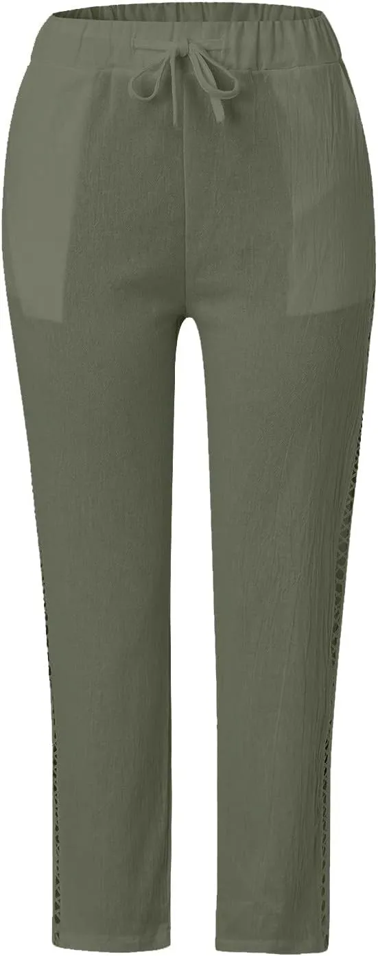 Cotton Linen Pants for Women Summer Casual Drawstring Waist Pants Loose Lace Breathable Vintage Trousers with Pockets
