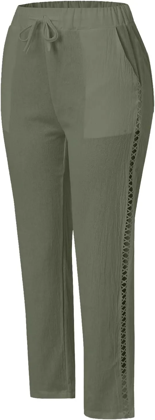 Cotton Linen Pants for Women Summer Casual Drawstring Waist Pants Loose Lace Breathable Vintage Trousers with Pockets