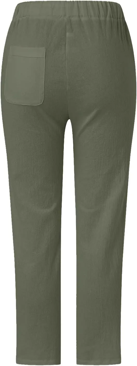 Cotton Linen Pants for Women Summer Casual Drawstring Waist Pants Loose Lace Breathable Vintage Trousers with Pockets