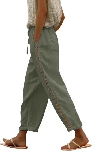 Cotton Linen Pants for Women Summer Casual Drawstring Waist Pants Loose Lace Breathable Vintage Trousers with Pockets