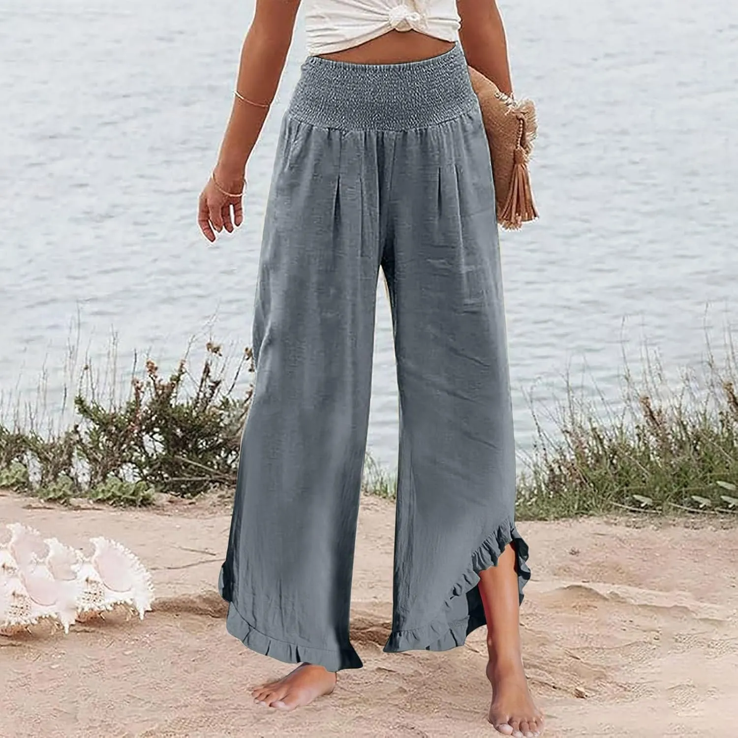 Cotton Linen Pants Women Casual Summer Pleated Elastic Waist Palazzo Pants Wide Leg Ruffle Boho Flowy Beach Trousers
