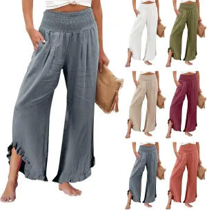 Cotton Linen Pants Women Casual Summer Pleated Elastic Waist Palazzo Pants Wide Leg Ruffle Boho Flowy Beach Trousers