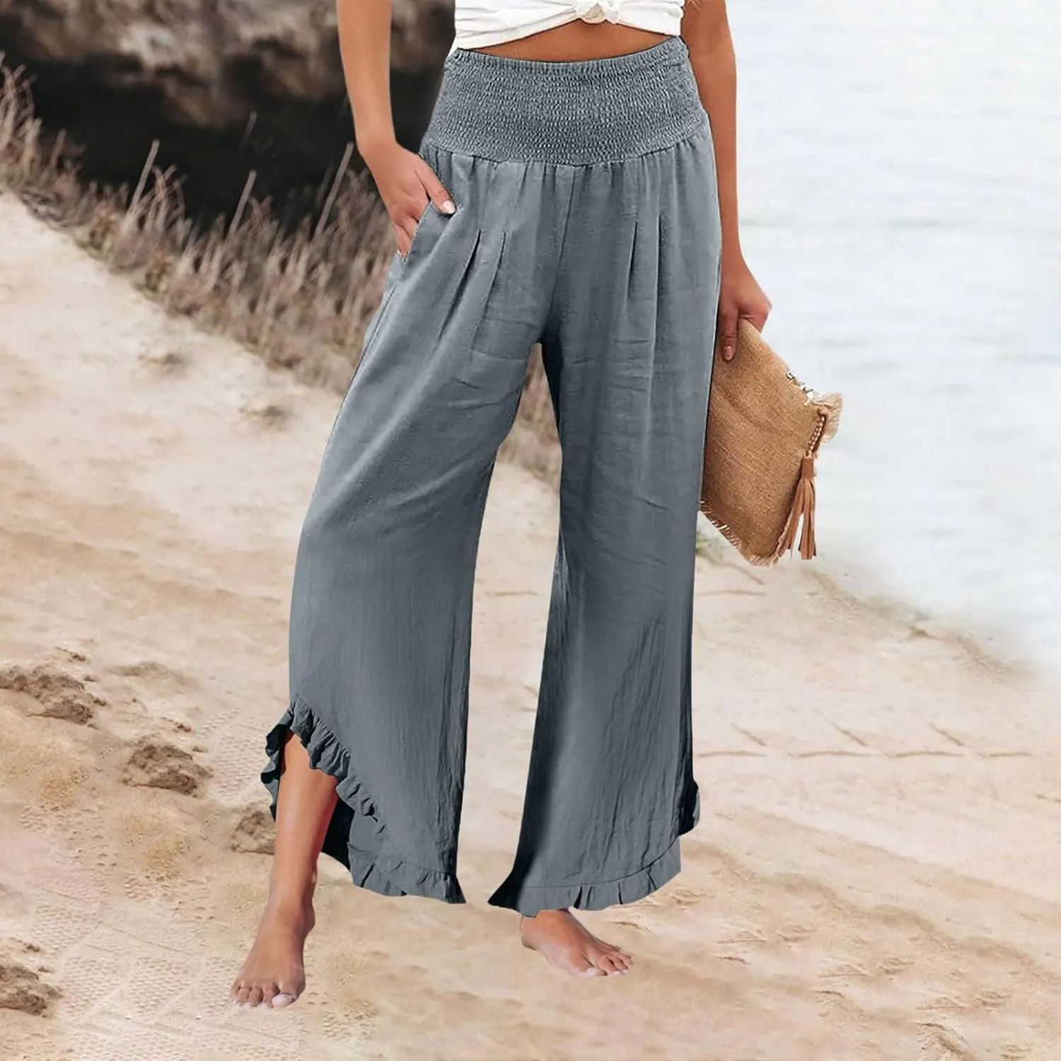 Cotton Linen Pants Women Casual Summer Pleated Elastic Waist Palazzo Pants Wide Leg Ruffle Boho Flowy Beach Trousers