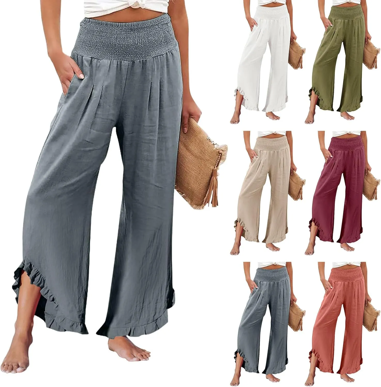 Cotton Linen Pants Women Casual Summer Pleated Elastic Waist Palazzo Pants Wide Leg Ruffle Boho Flowy Beach Trousers