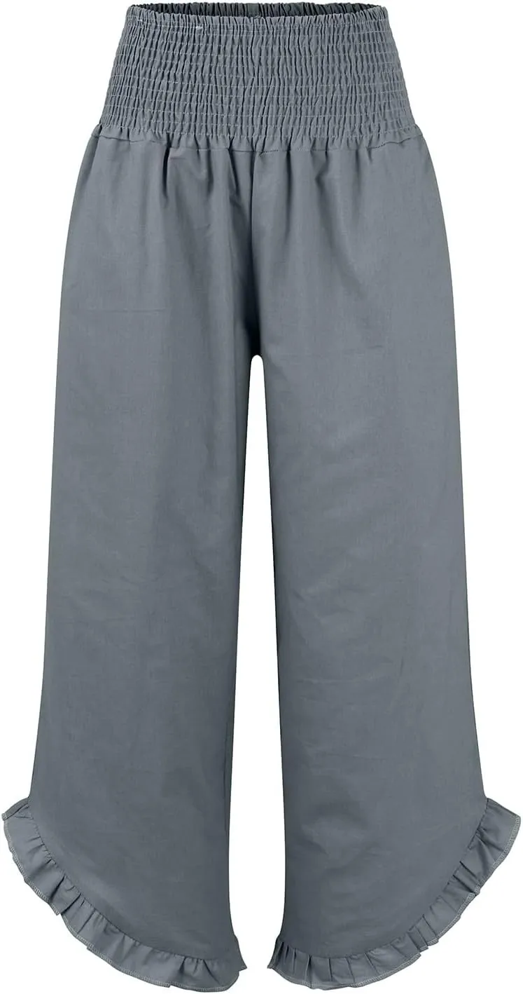 Cotton Linen Pants Women Casual Summer Pleated Elastic Waist Palazzo Pants Wide Leg Ruffle Boho Flowy Beach Trousers