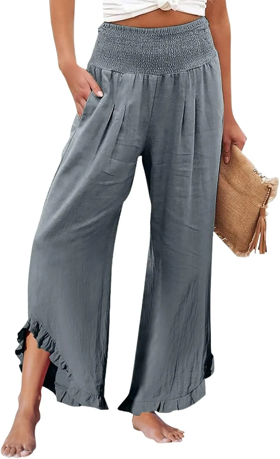 Cotton Linen Pants Women Casual Summer Pleated Elastic Waist Palazzo Pants Wide Leg Ruffle Boho Flowy Beach Trousers
