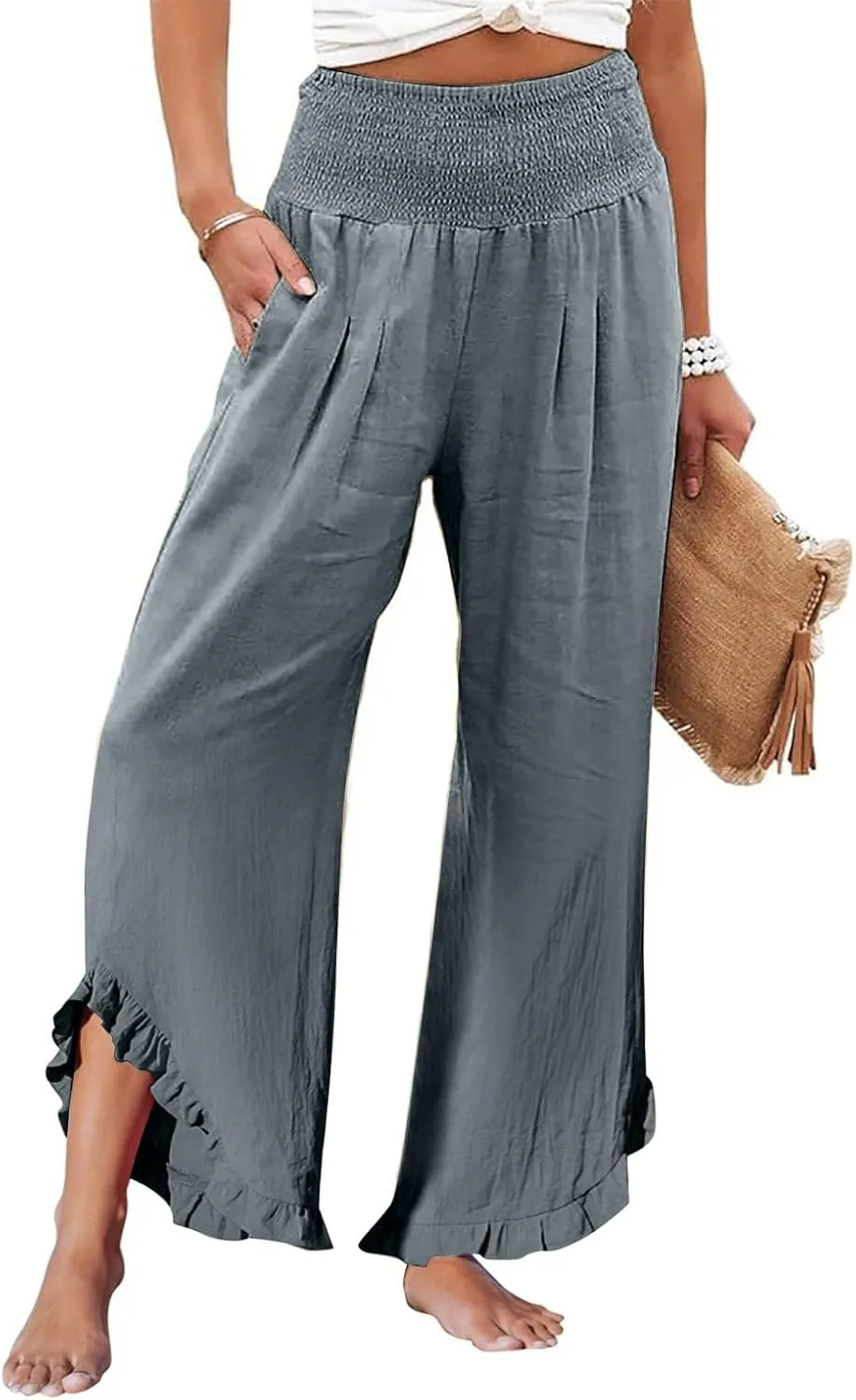 Cotton Linen Pants Women Casual Summer Pleated Elastic Waist Palazzo Pants Wide Leg Ruffle Boho Flowy Beach Trousers