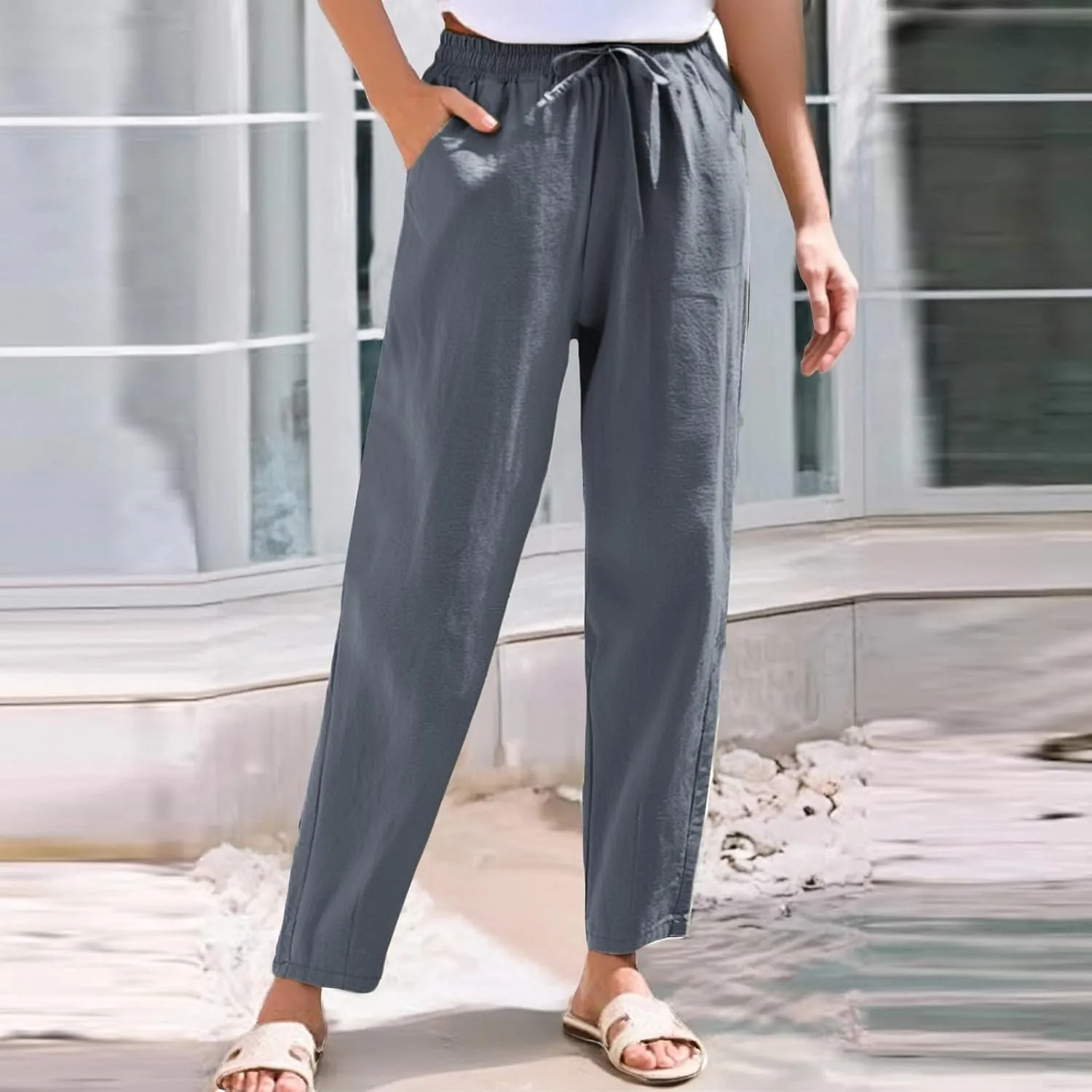 Cotton Linen Pants Women Palazzo Straight Lounge Drawstring Beach Linen Clothes for Women 2025