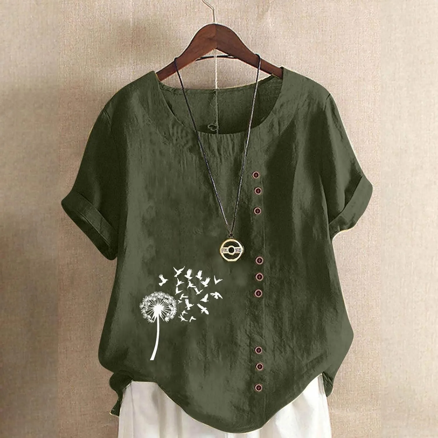 Cotton Linen Tops for Womens 2025 Crewneck Roll Up Short Sleeve Tshirt Trendy Floral Print Casual Loose Blouse