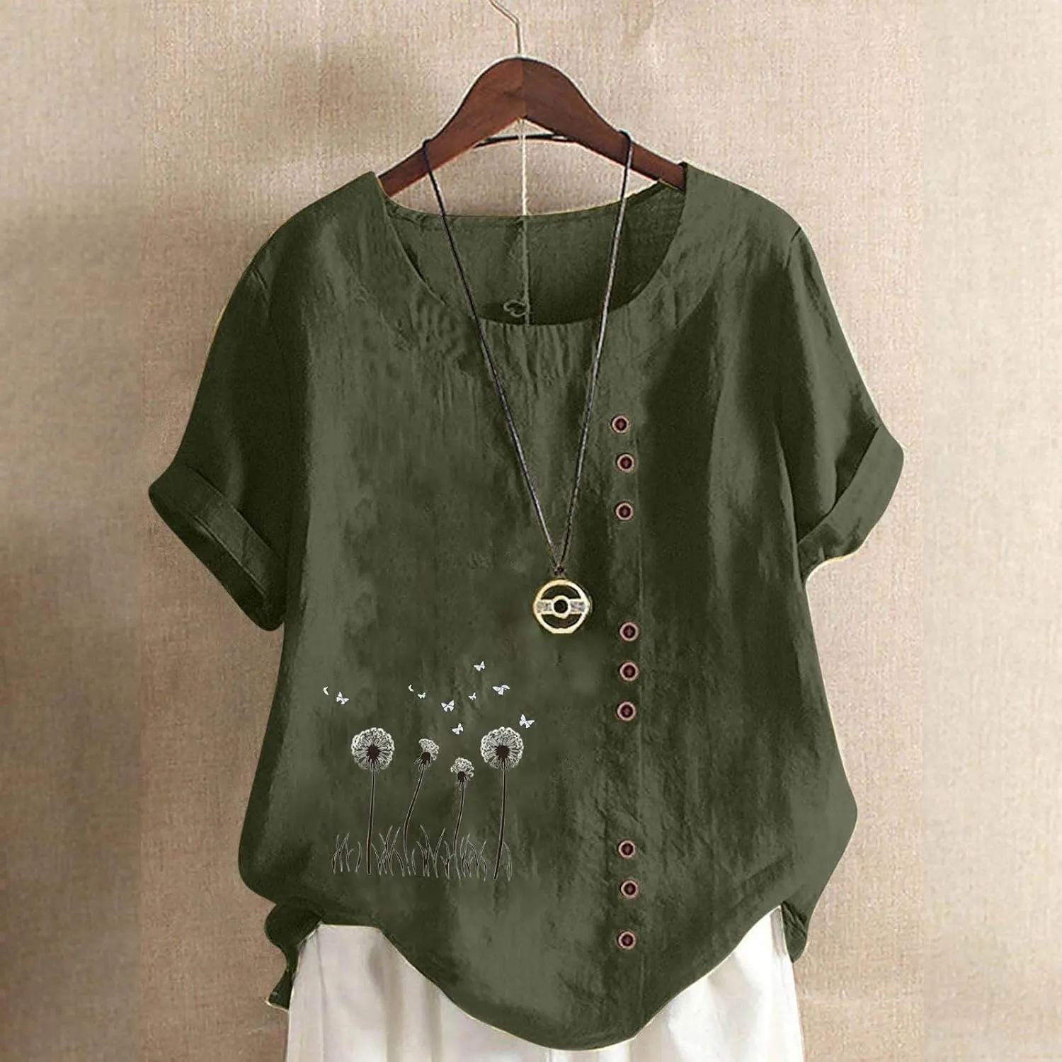 Cotton Linen Tops for Womens 2025 Crewneck Roll Up Short Sleeve Tshirt Trendy Floral Print Casual Loose Blouse