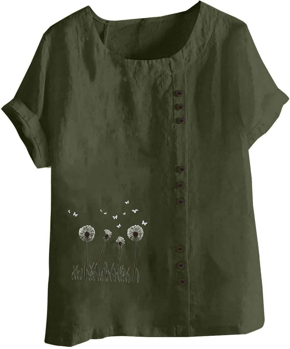 Cotton Linen Tops for Womens 2025 Crewneck Roll Up Short Sleeve Tshirt Trendy Floral Print Casual Loose Blouse