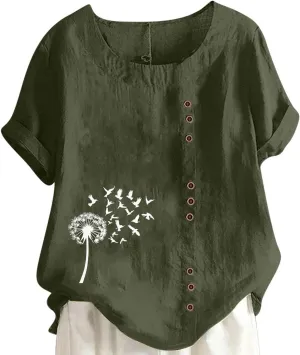 Cotton Linen Tops for Womens 2025 Crewneck Roll Up Short Sleeve Tshirt Trendy Floral Print Casual Loose Blouse