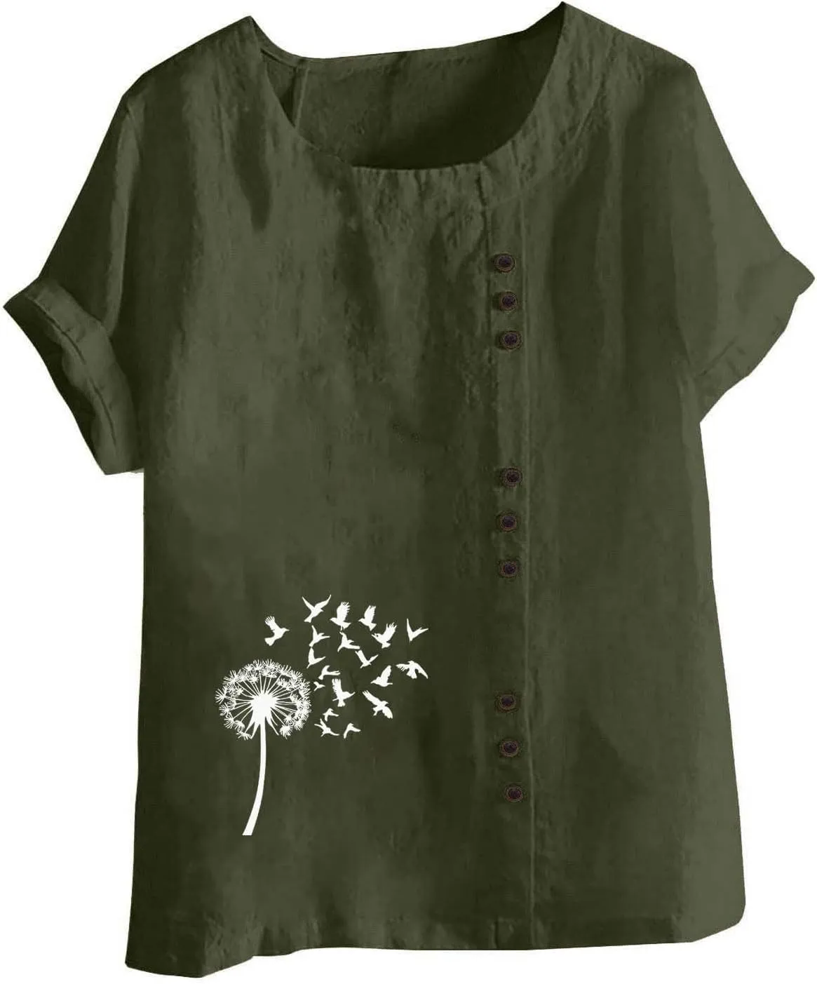 Cotton Linen Tops for Womens 2025 Crewneck Roll Up Short Sleeve Tshirt Trendy Floral Print Casual Loose Blouse