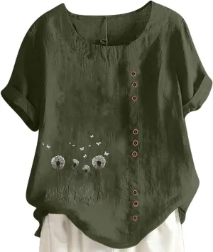 Cotton Linen Tops for Womens 2025 Crewneck Roll Up Short Sleeve Tshirt Trendy Floral Print Casual Loose Blouse